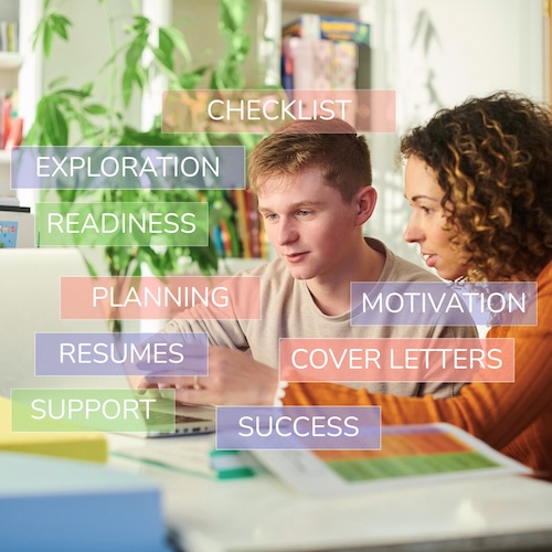 A student and an adult work together at a laptop in a bright, organized workspace. Overlaid words related to career preparation include: Checklist, Exploration, Readiness, Planning, Motivation, Resumes, Cover Letters, Support, and Success.