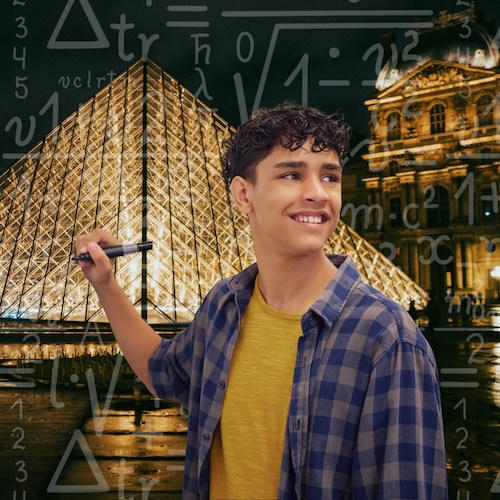 Student smiling while writing mathematical formulas on a transparent surface, with the Louvre Pyramid and Paris architecture in the background, symbolizing advanced math and calculus learning.