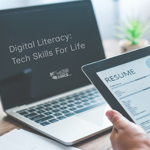 laptop showing the title of the Digital Literacy class and a student holding a tablet showing their resume