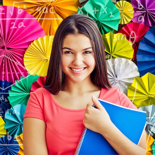high school girl holding a blue notebook in front of a colorful wall with math formulas overlayed