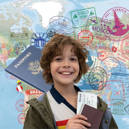 elementary school boy smiling and holding a passport and boarding pass over a map with passport stamps