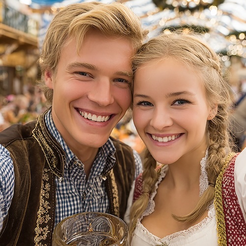 Smiling young man and woman in traditional German clothing posing together at an outdoor festival or cultural event.