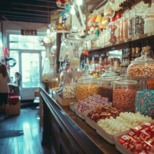 Vintage candy shop interior with colorful sweets